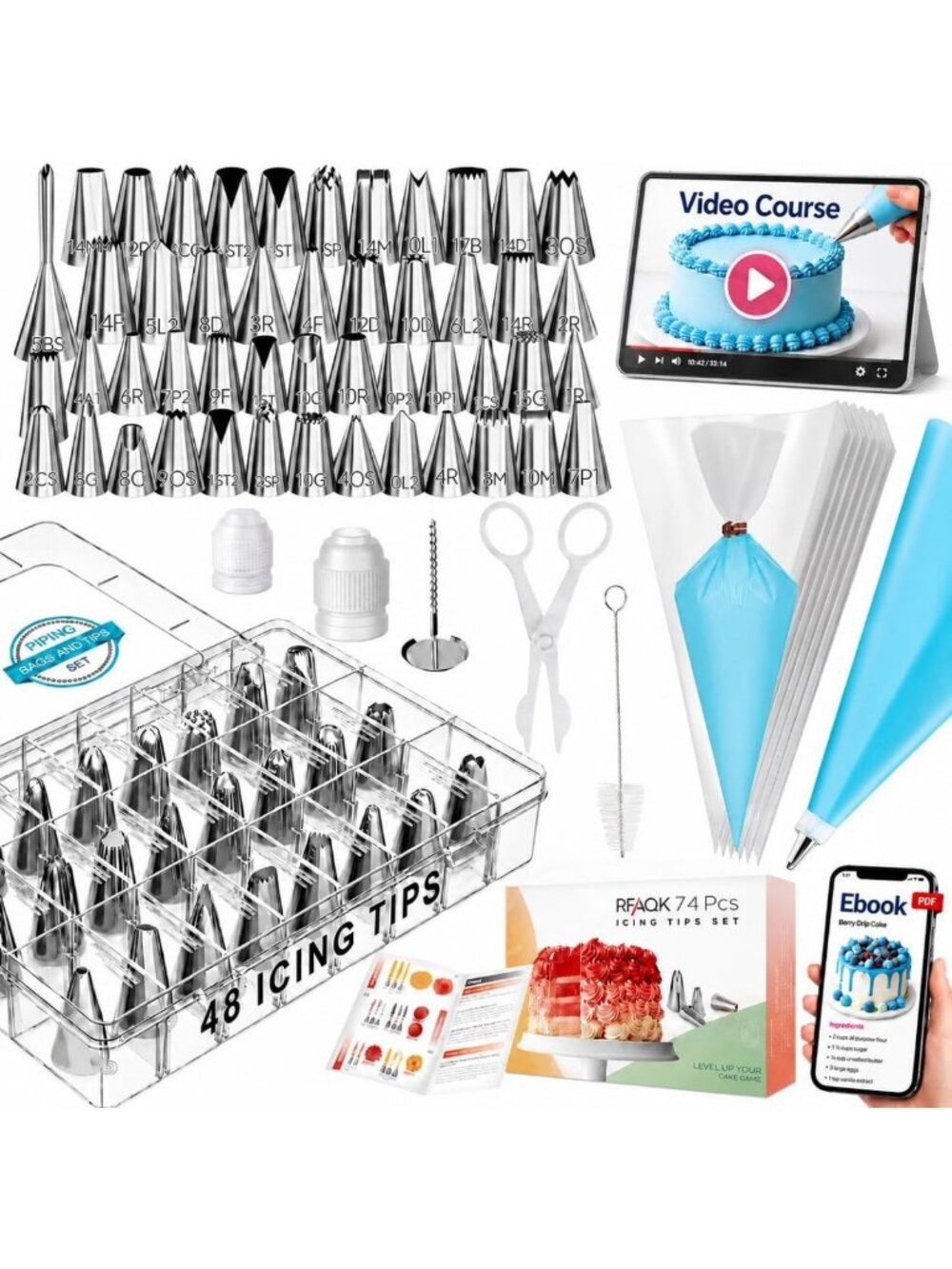 74PC Icing Piping Bags & Tips Set - Cake Decorating Kit with 48 Tips, Pastry